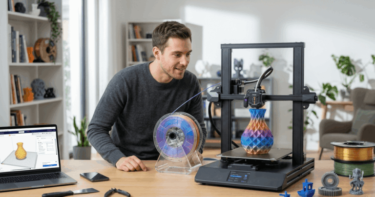 Modern bir FDM 3D yazıcıda gökkuşağı (rainbow) filament ile basılan dekoratif bir vazo ve teknik inceleme yapan bir kullanıcı.