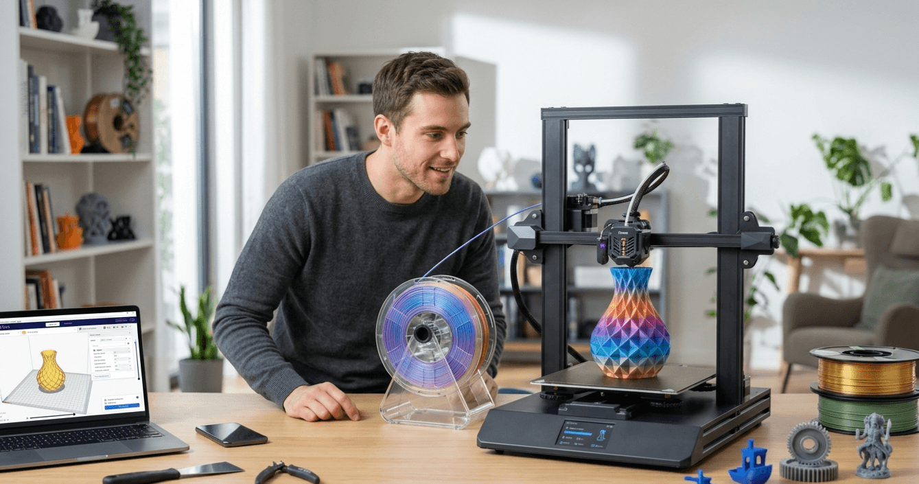 Modern bir FDM 3D yazıcıda gökkuşağı (rainbow) filament ile basılan dekoratif bir vazo ve teknik inceleme yapan bir kullanıcı.