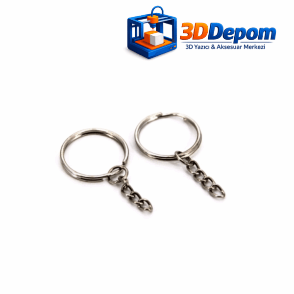 3D yazıcı tasarımları için gümüş ışıltılı nikel kaplama zincirli anahtarlık halkası.