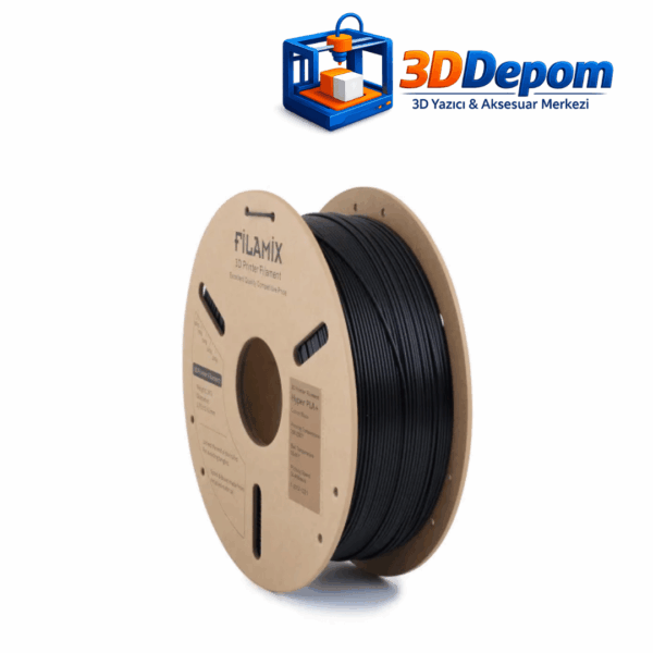 Filamix Hyper PLA+ Siyah Dikey Görünüm Filamix Hyper PLA+ Siyah 3D Filamenti Dikey Makara Tasarımı