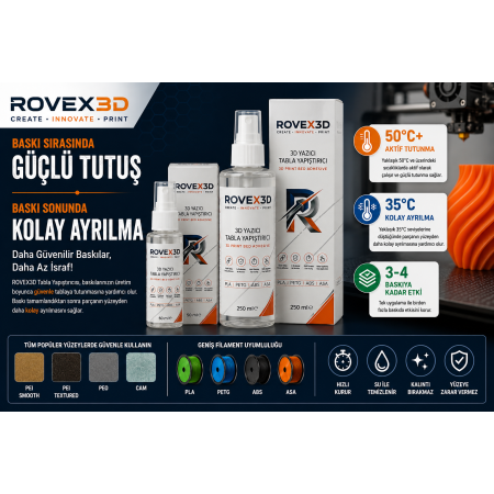 ROVEX3D tabla yapıştırıcısı ile 3D baskılarda köşe kalkması (warping) sorununun çözümü